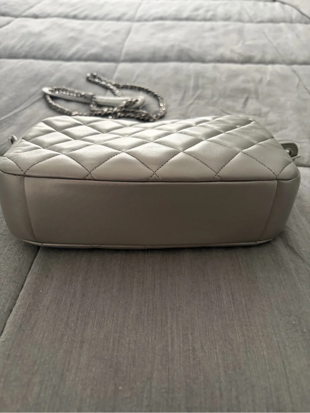 CHANEL Quilted Leather Camera Crossbody in Silver Metallic Gray